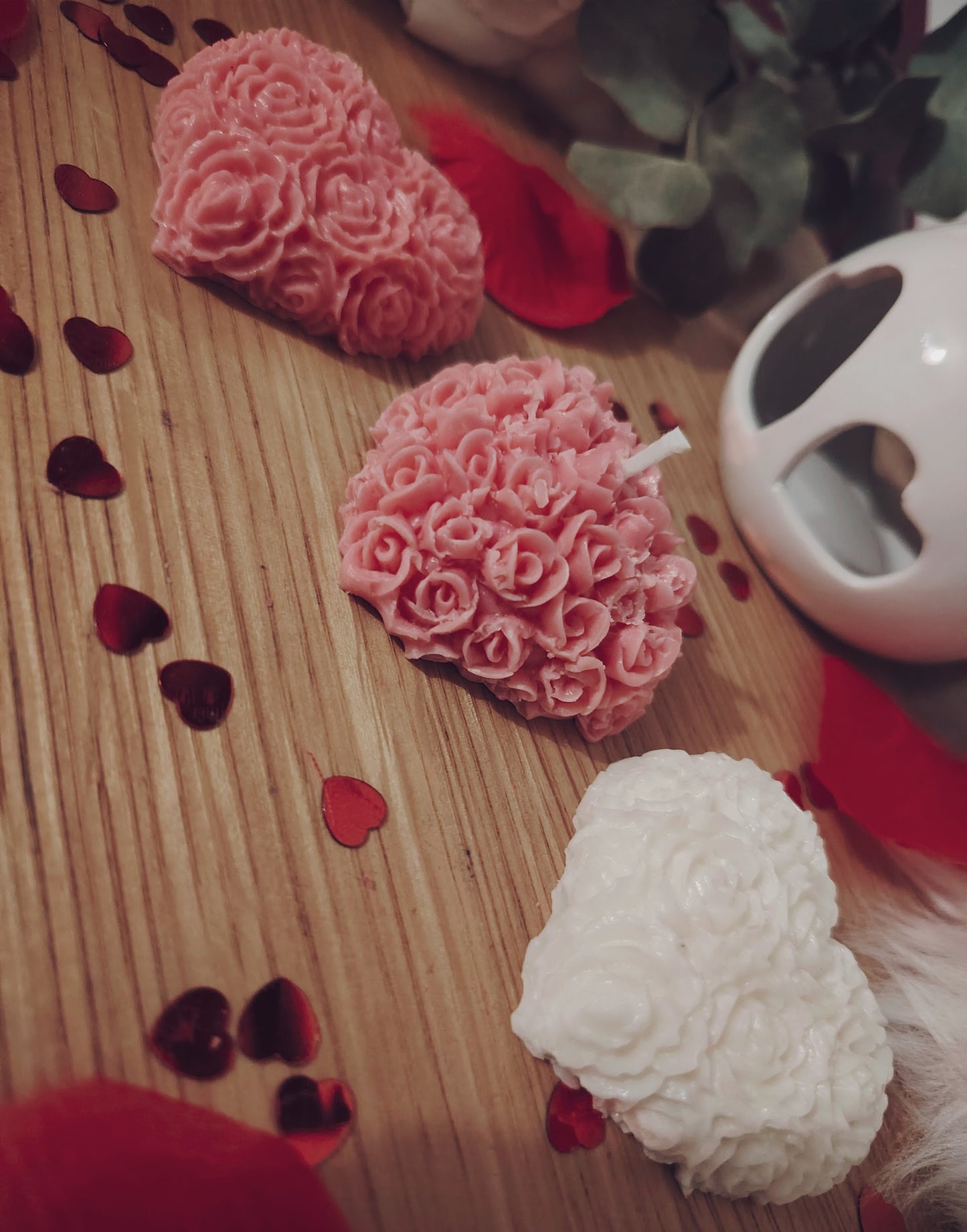 Box of 3 Medium Rose patterned Love Heart Candle and Melts