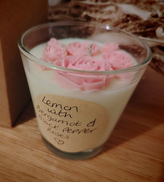 6oz Lemon with Bergamot and Black Pepper Scented Candle and Rose Melts